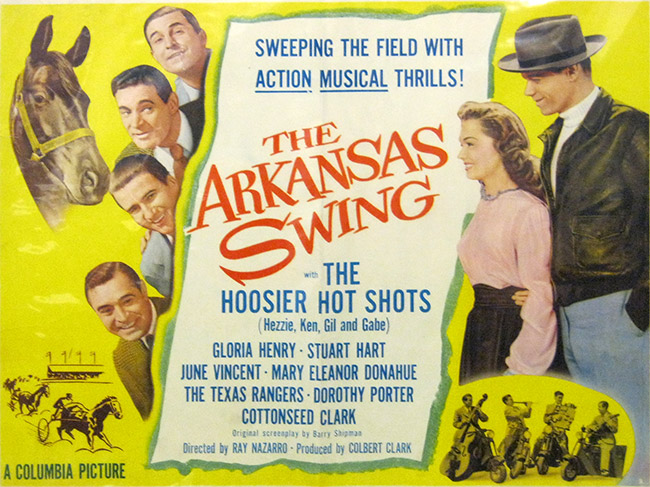 White men woman and horse on yellow background with blue and red text "The Arkansas Swing"