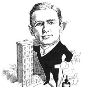 Cartoon of white man in suit with his hand on a tall building, holding T-square and standing on rule and paper with ink pot next to his foot