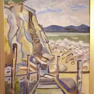 painting of steps leading to rocky cliff with mountains in background
