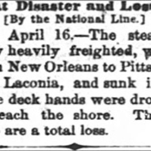 "Steamboat Disaster and Loss of Life" newspaper clipping