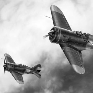 gray scale drawing of two propeller-driven fighter planes