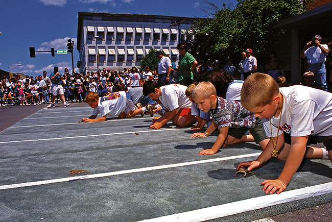 White children racing toads on city street