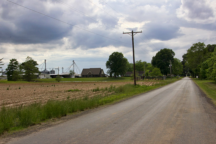 Rural road with farmland with silos and buildings on its left side
