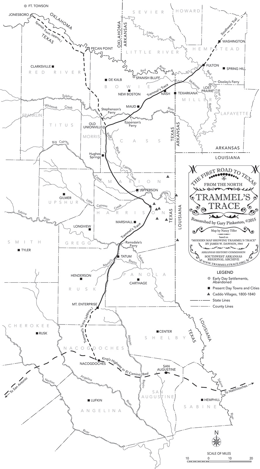Political map showing parts of Texas Oklahoma and Arkansas with dotted lines and trail on it