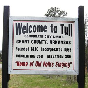 "Welcome to Tull corporate city limits Grant County Arkansas" sign