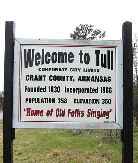 "Welcome to Tull corporate city limits Grant County Arkansas" sign