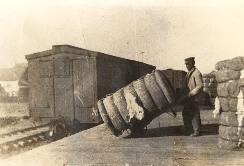 Man wheeling bale of cotton on a platform with train car nearby