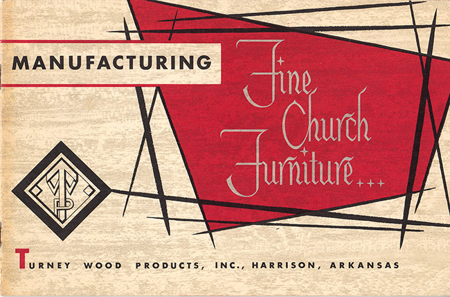 "Manufacturing fine church furniture" red and black logo on brochure