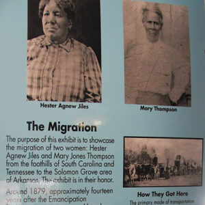 Photographs of African-American women and wagon train on "The Migration" interpretation panel