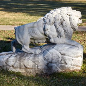 Roaring lion statue on grass