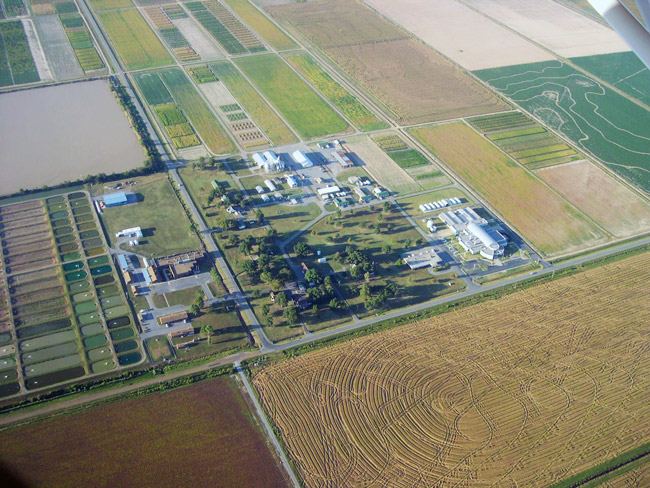 Aerial view farm complex including buildings and pond field sections in various shapes colors patterns