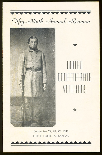 White man in gray military uniform with rifle on program for the fifty-ninth annual reunion of the United Confederate Veterans