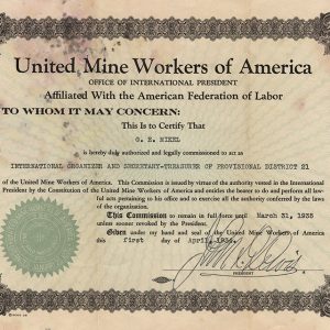 "United Mine Workers of America" certificate for G.E. Mikel