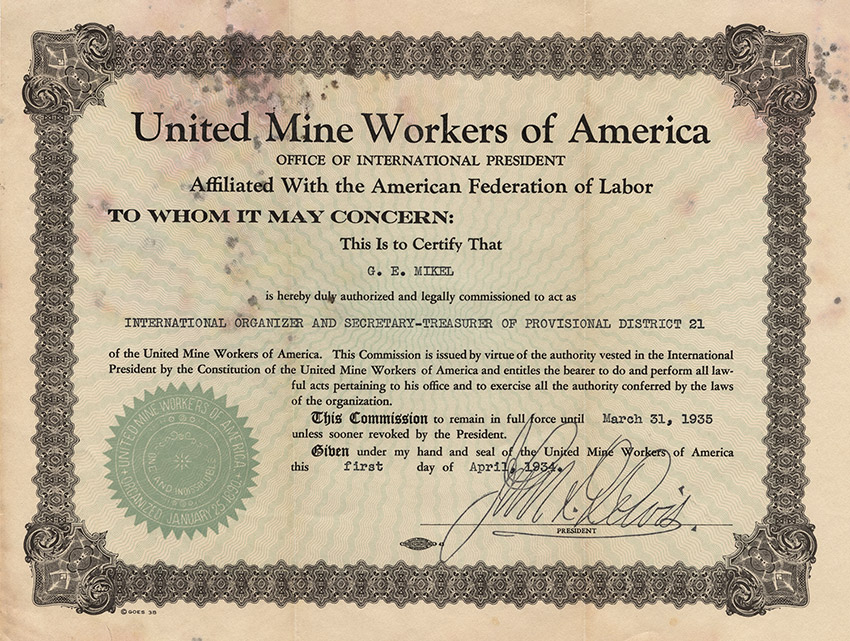 "United Mine Workers of America" certificate for G.E. Mikel
