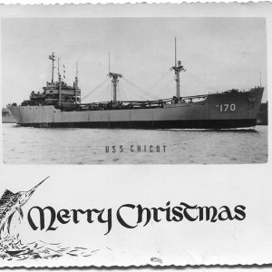 photo of Naval vessel labeled "USS Chicot" on card with picture of jumping fish on it