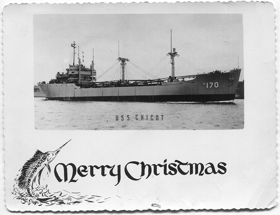 photo of Naval vessel labeled "USS Chicot" on card with picture of jumping fish on it