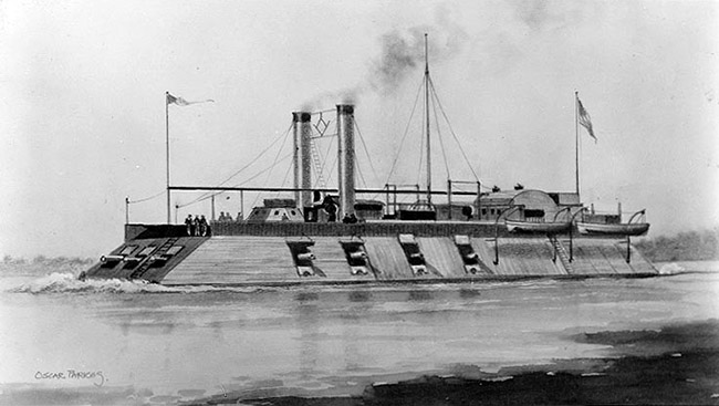 Ironclad boat on water with flag