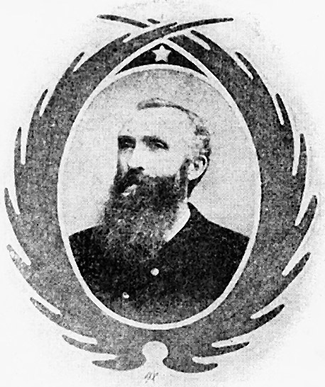 Portrait of white man with long beard in frame with star above him