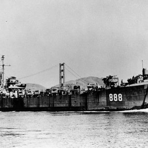 Naval vessel number 888 in San Francisco Bay with Golden Gate Bridge in the background