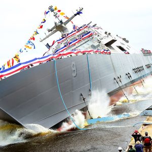 Naval ship being launched from dry dock