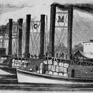 Row of Naval steamboats on water with smoking stacks