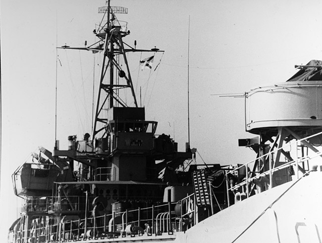 Close-up of deck and bridge tower of Naval ship