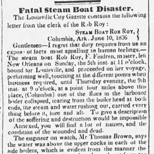 "Fatal Steam Boat Disaster" newspaper clipping