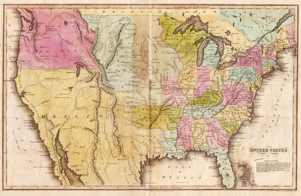 Printed United States map showing states and territories with "Explanation" caption in corner