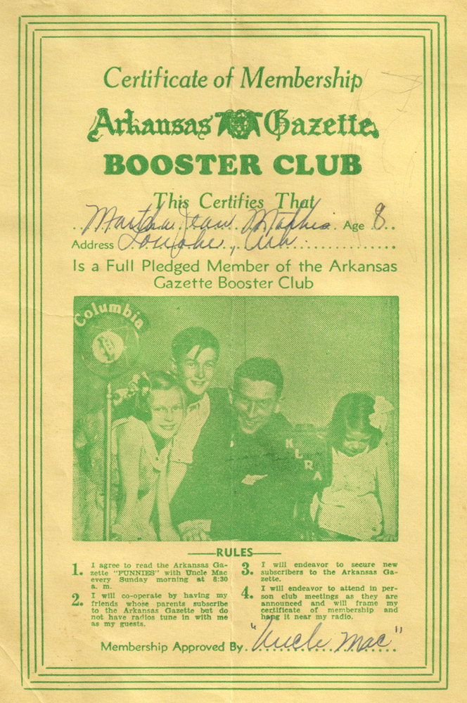 Certificate with green lettering signed by "Martha Jean Mathis" when she was eight years old
