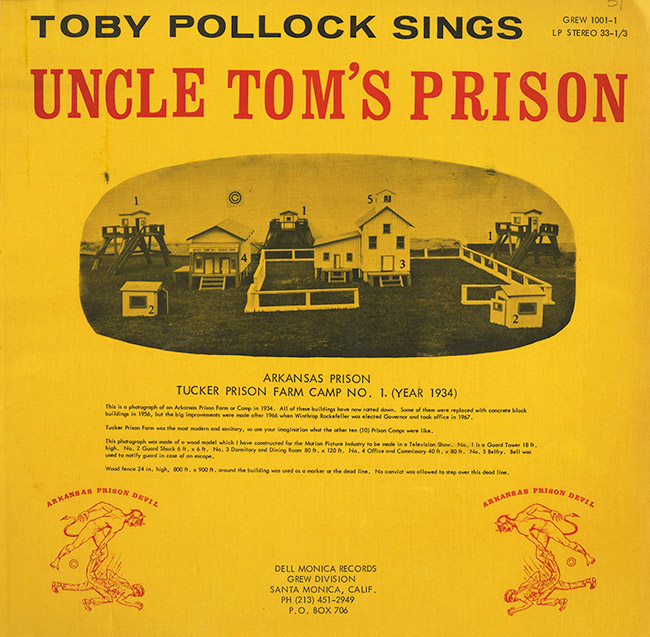 Yellow album cover with red and black text with picture of prison farm in center