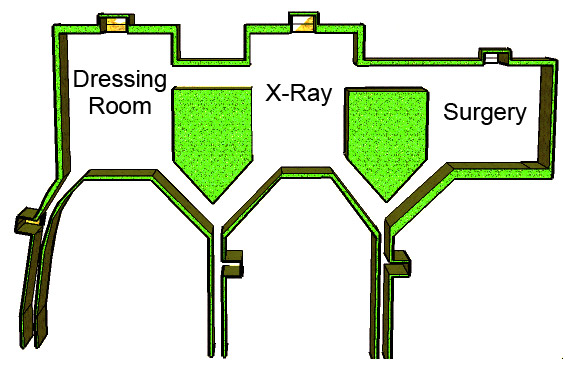 Floor plan divided into dressing room x-ray and surgery with bright green detailing