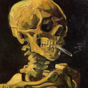 Skeleton smoking a lit cigarette on black background