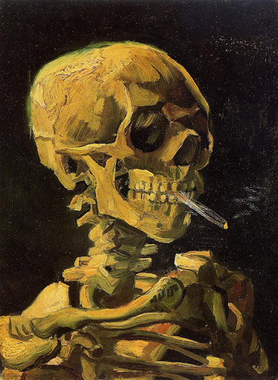Skeleton smoking a lit cigarette on black background