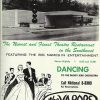 Single-story building with covered driveway with "Vapors" sign and white couple dancing on advertisement flyer