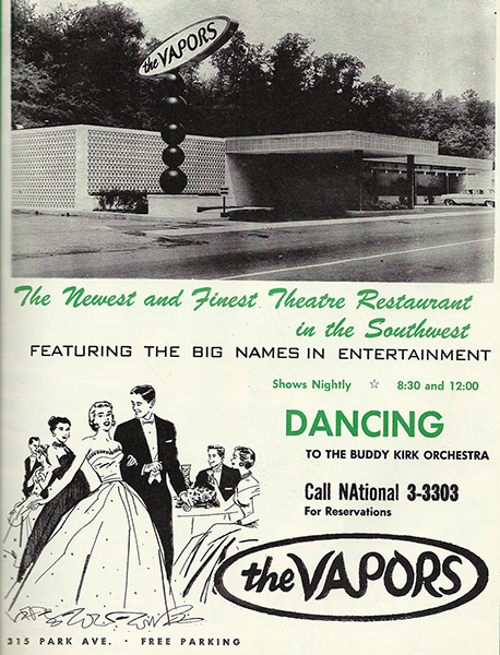 Single-story building with covered driveway with "Vapors" sign and white couple dancing on advertisement flyer