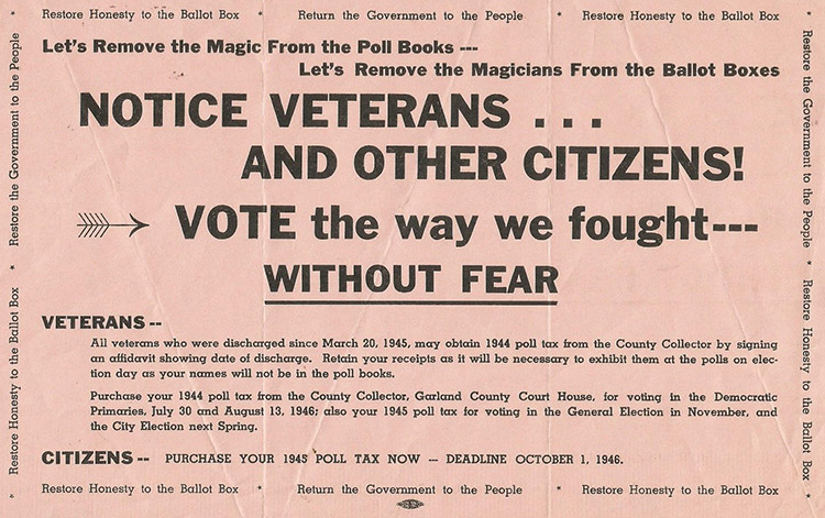 "Notice veterans and other citizens" flyer with black text on pink background