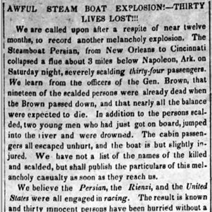 "Awful Steam Boat Explosion Thirty Lives Lost" newspaper clipping
