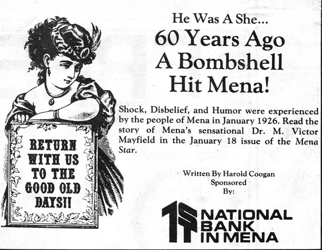 drawing of woman in hat and dress holding "Return with us to the good old days" sign and text above National Bank in Mena logo