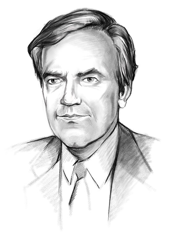drawing of White man with clean-shaven face and side-parted hair in suit and tie