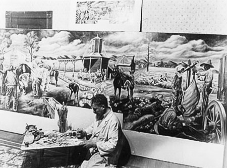 White man with painting of farmers and animals at work