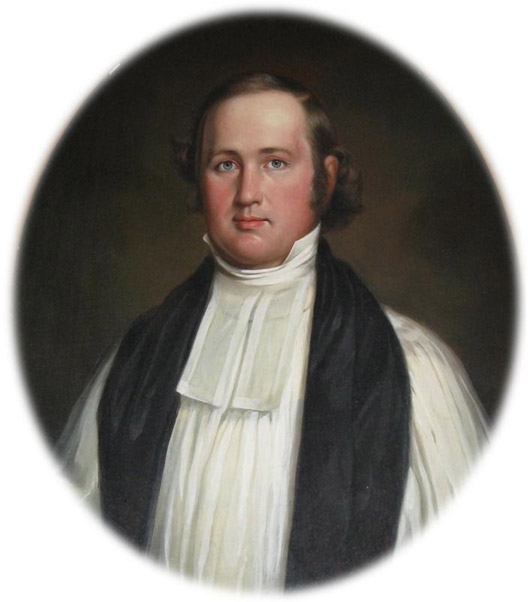 Portrait of white man with curly hair in white robes with white collar and black stole