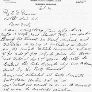 Handwritten letter on "City of Waldron, Arkansas" letterhead addressed to Dr. L.D. Duncan in Little Rock