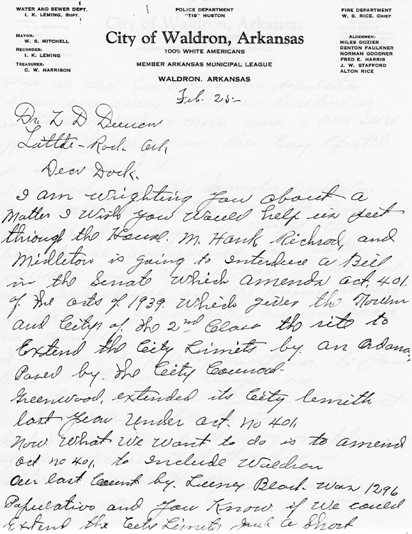 Handwritten letter on "City of Waldron, Arkansas" letterhead addressed to Dr. L.D. Duncan in Little Rock