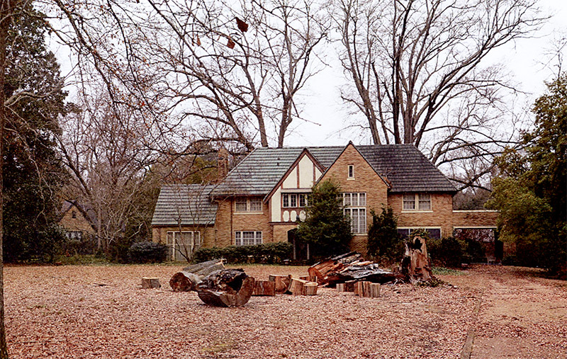 Multistory brick house on leaf covered lawn with stump and pieces of tree in the foreground