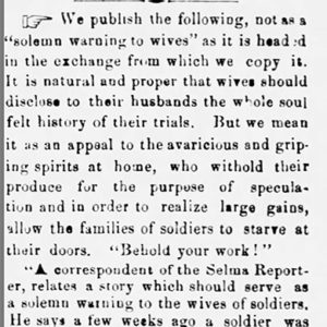 Newspaper clipping offering "solemn warning to wives"