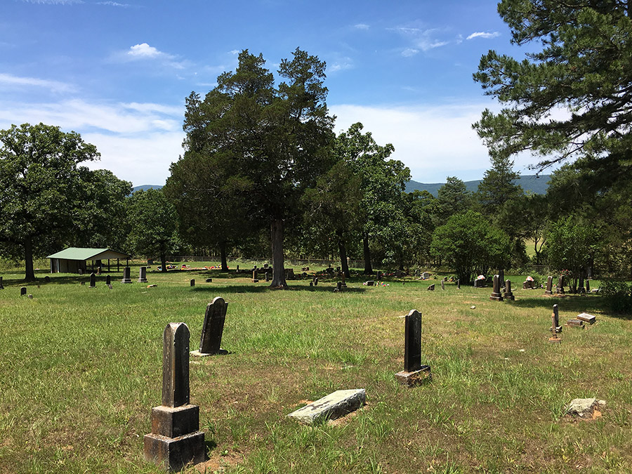 Gravestones and pavilion in cemetery