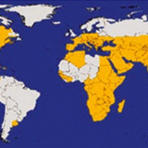 Map of the world with areas shaded in yellow