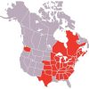 Map of the United States and Canada with areas colored in red