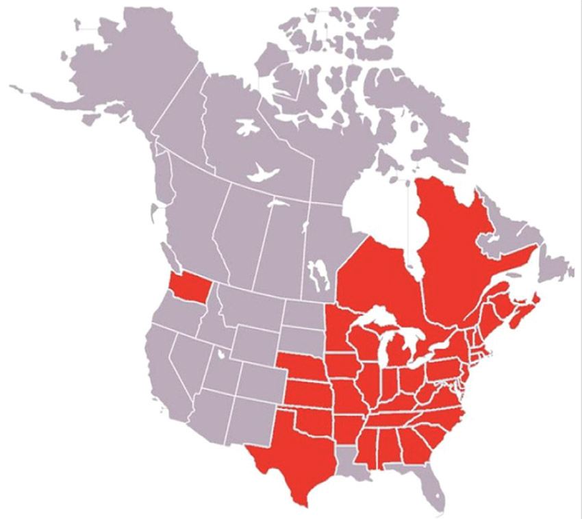 Map of the United States and Canada with areas colored in red