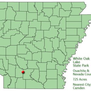 Map of Arkansas with red dot on the border of Ouachita and Nevada Counties with explanation in green text